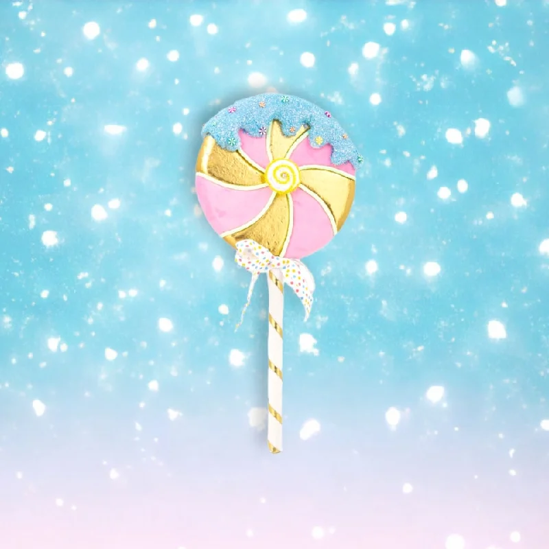 28" Pink & Gold Swirl Lollipop Pick With Blue Icing Set of 2