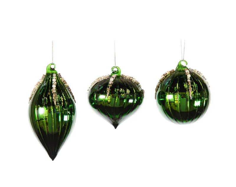 3" Shiny Green Glass Assorted Ornament Set Of 12