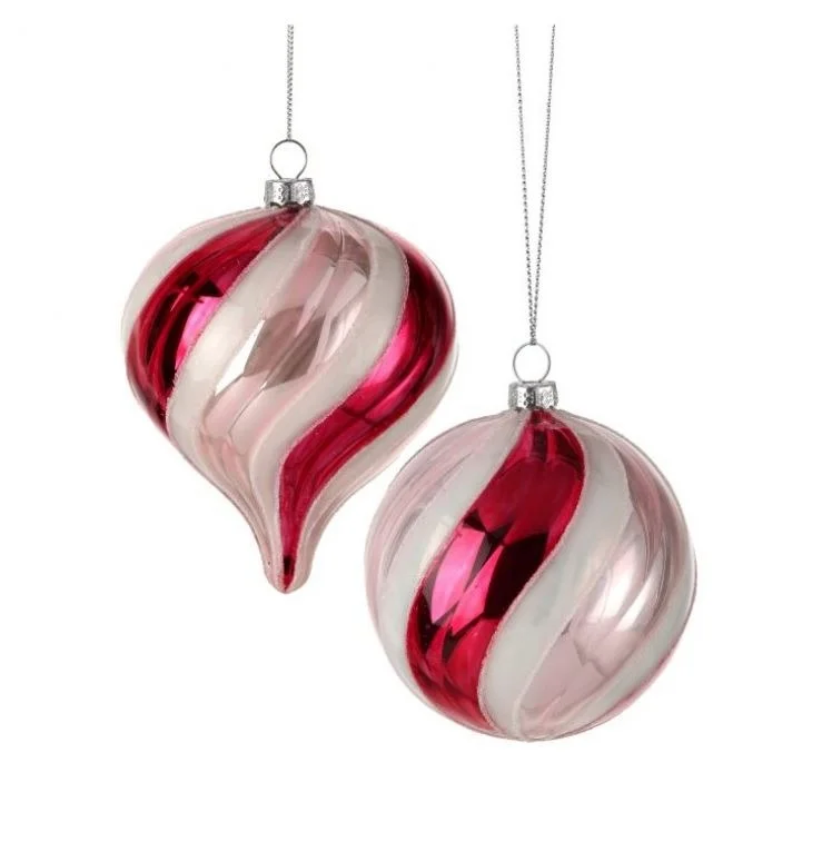 4"-4.5" Pink & White Ball &  Onion Ornament Set Of 6