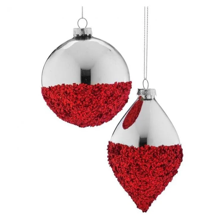 4"-6" Red & Silver Finial & Ball Ornament Set Of 6