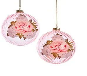 4" Clear Pink Ball With Rose Ornament Set Of 2