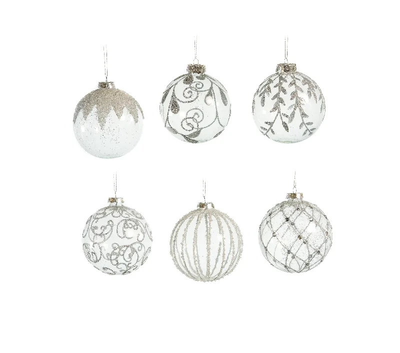 4" Crystal Silver & Glitter Ornament Assorted Set Of 12