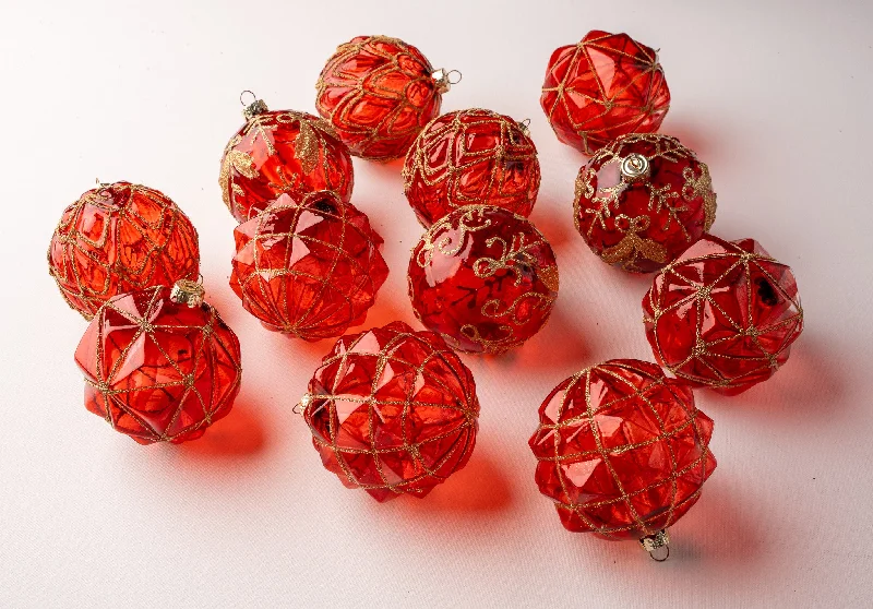 4" Red With Gold Assorted Ornament Set Of 12