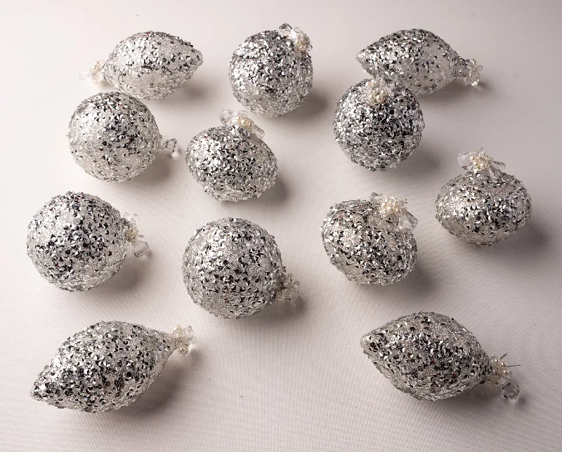 4" Silver Glitter Assorted Ornament Set Of 12