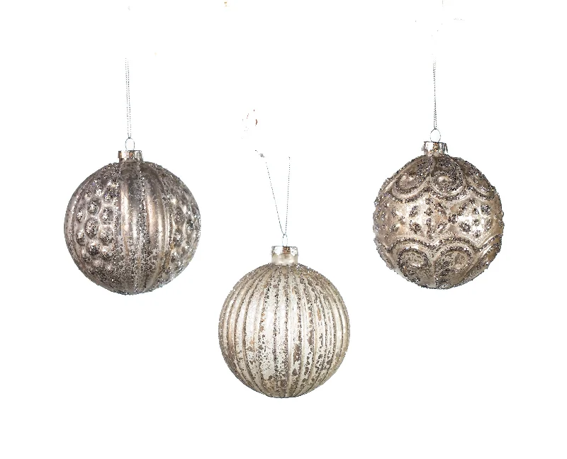 4" Silver Glittered Assorted Ornament Set Of 12