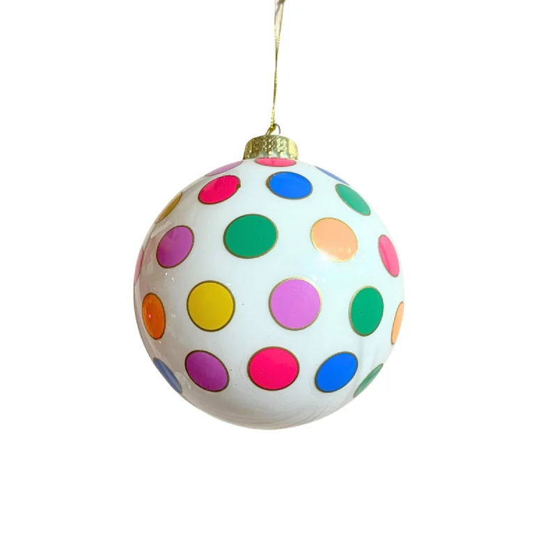 4" White Multicolor Dot Glass Ball Ornament