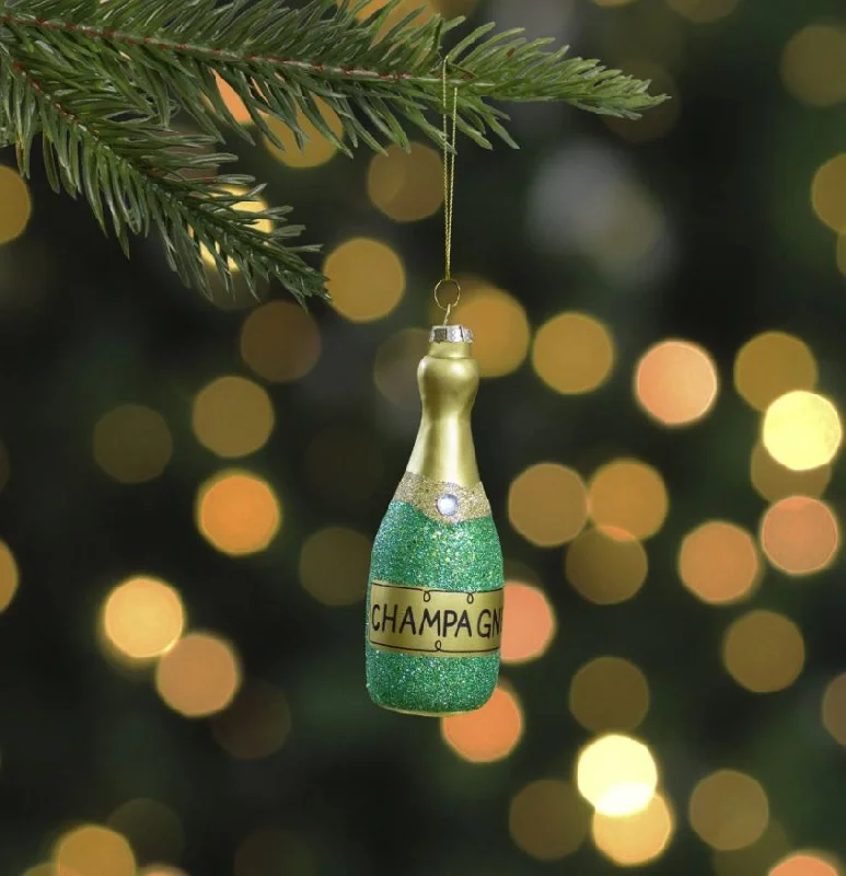 5.5" Gold Champagne Bottle With Green Glittler Ornament Set Of 6