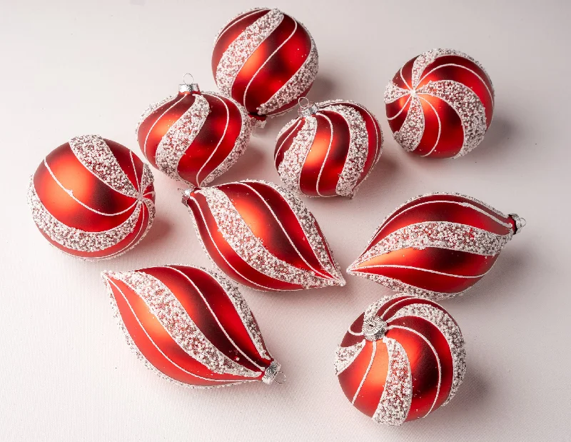 5" Red & White Beaded Ball Ornament Assorted Set Of 9