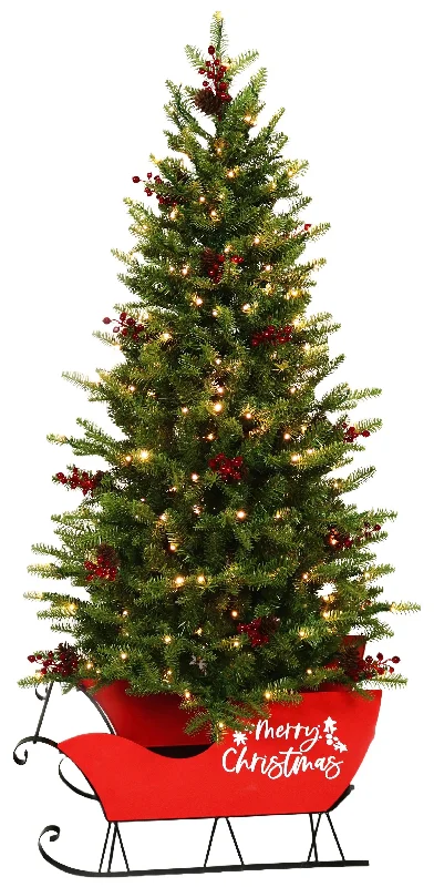 5' Green Mountain Fir Artificial Christmas Tree with Starry Lights in a Red Sleigh