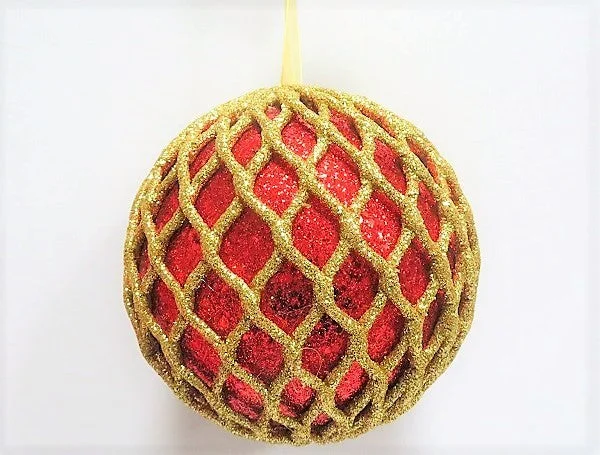 6" Red & Gold Net Ball Ornament Set Of 6