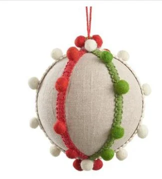 6" Red & Green Pompom Ornament Set Of 2