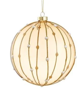 6" Tan Gold Glitter Pearl Glass Ball Ornament Set Of 2