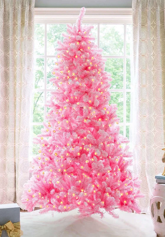 7.5' Duchess Pink Flock Artificial Christmas Tree with 600 Warm White LED Lights