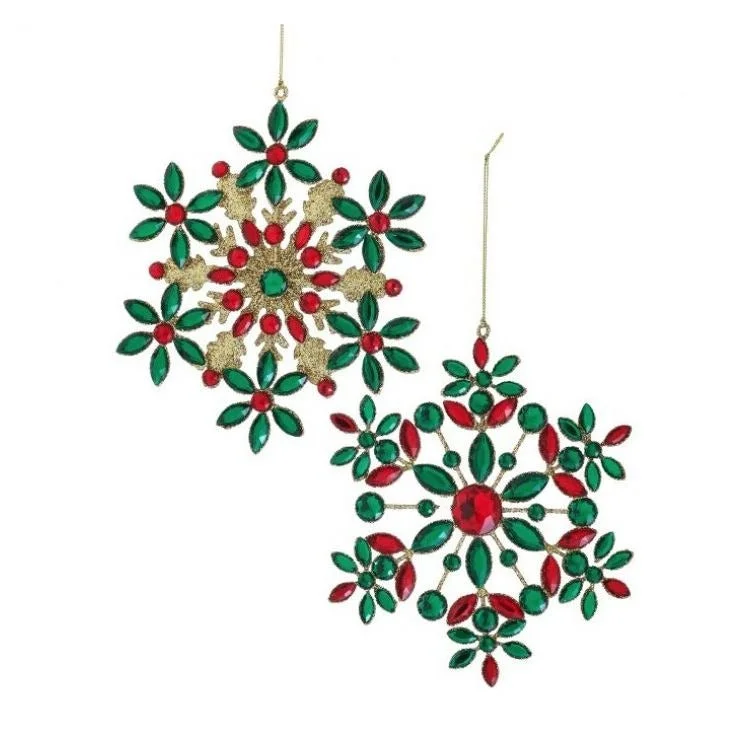 7" Red & Green Jewel Gold Glitter Snowflake Set Of 8