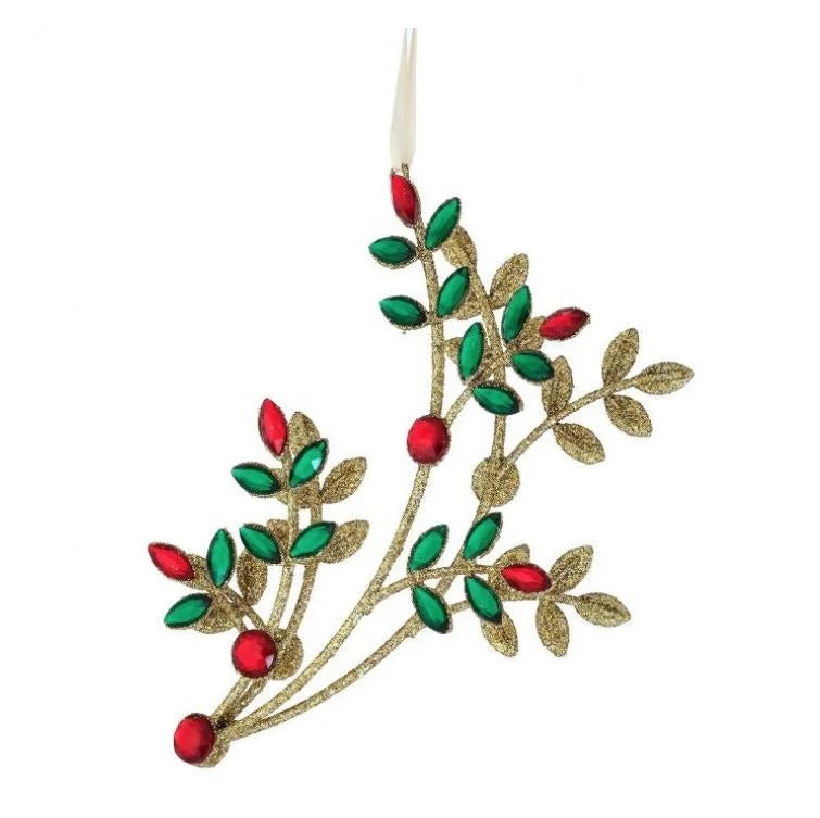 8.5" Red & Green Gold Jewel Branch Ornament Set Of 4