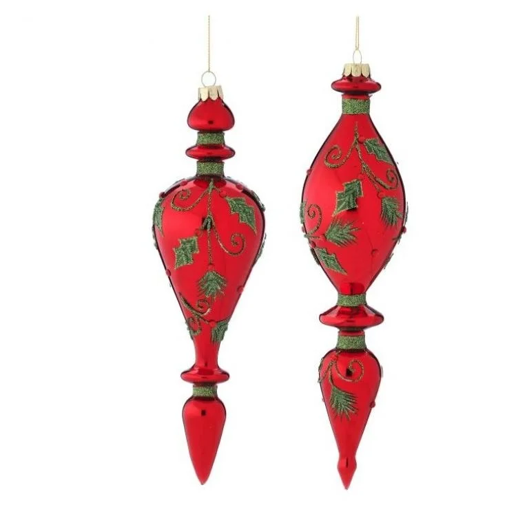 9"-10" Red & Green Holly Finial Ornament Set Of 4