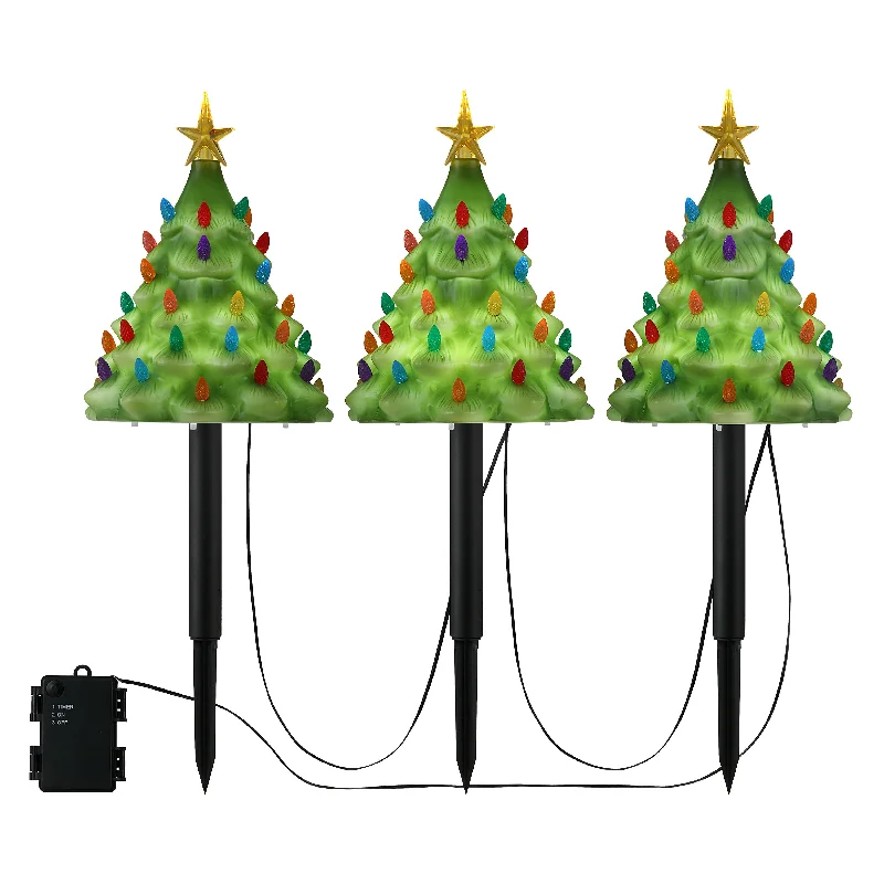 9 in. Set of 3 Lit Blow Mold Pathway Trees