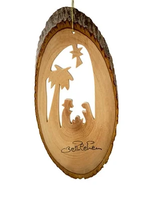 Bark Slice Nativity with Palm Tree Ornament