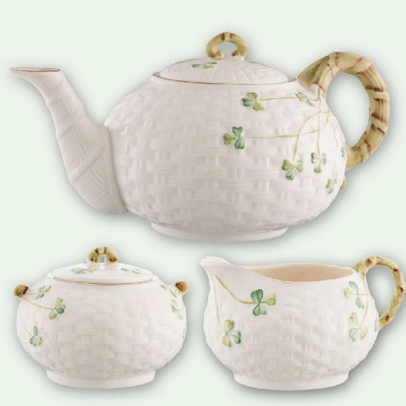 Belleek Classic 1880 - Gold Shamrock Teapot Sugar and Cream Set