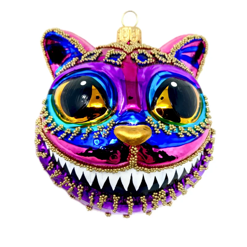 Cheshire Cat Face Blown Glass Christmas Ornament