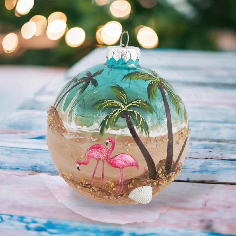 Flamingo On Beach Scene Ball Ornament