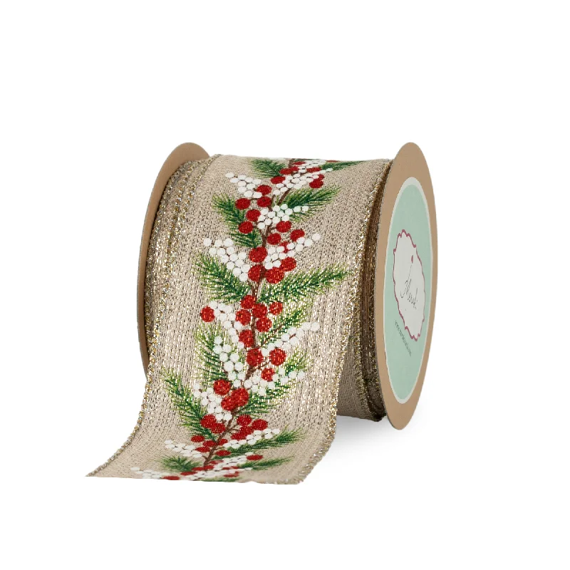 Gold White & Red Berry Christmas Ribbon