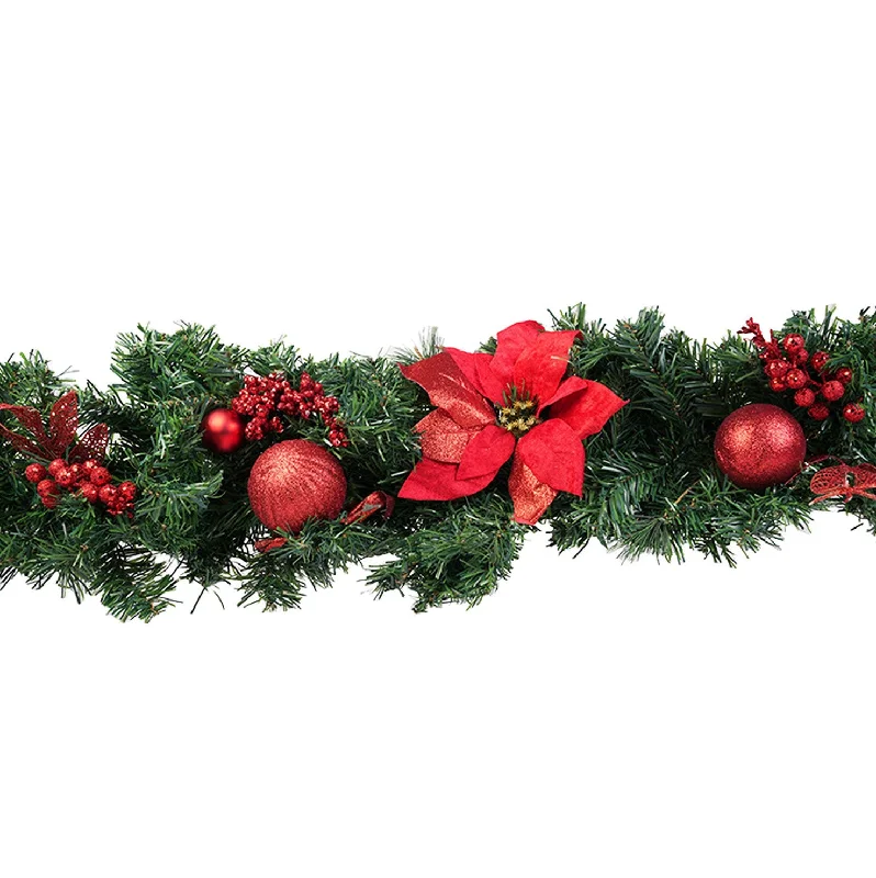 Green Christmas Runner with Red Decorative Flowers ad Baubles