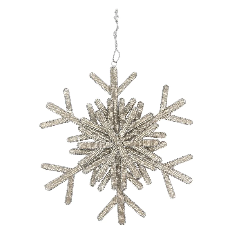 Hand Beaded Modern Snowflake Ornament in Silver