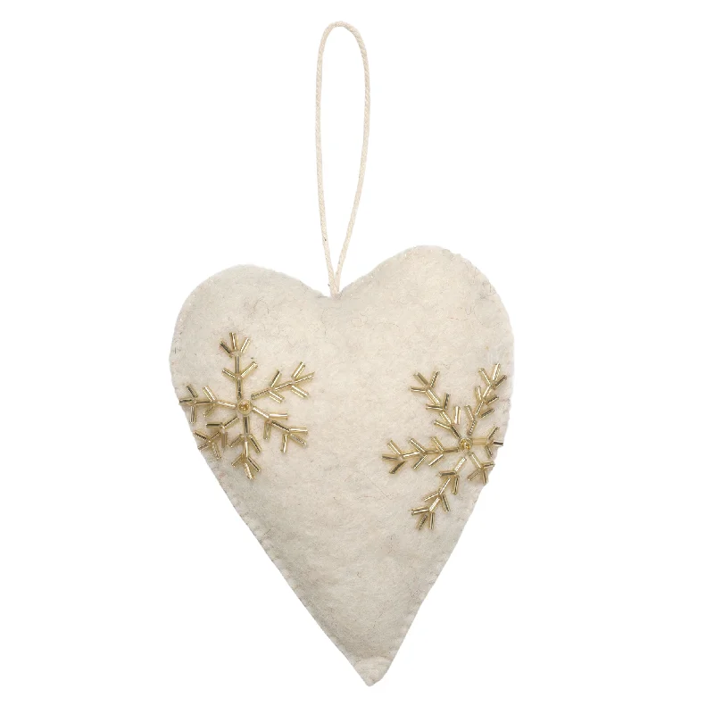 Heart Ornament, Cream With Gold Hand Beaded Snowflakes