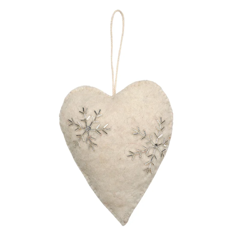 Heart Ornament, Cream With Silver Hand Beaded Snowflakes