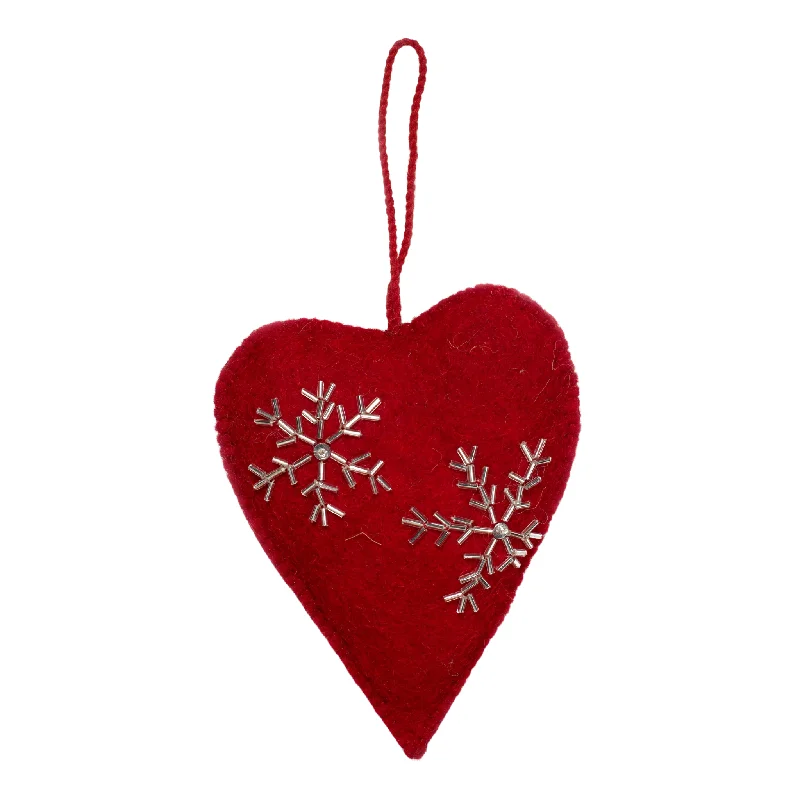 Heart Ornament, Red With Gold Hand Beaded Snowflakes