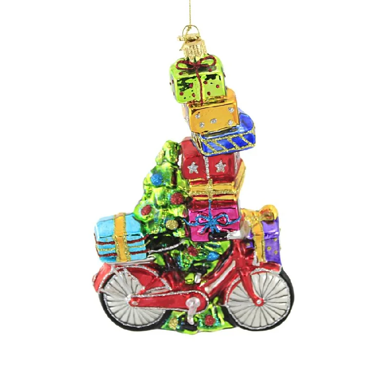 Huras, Red Bike & Christmas Tree Glass Ornament Package Bicycle, S849