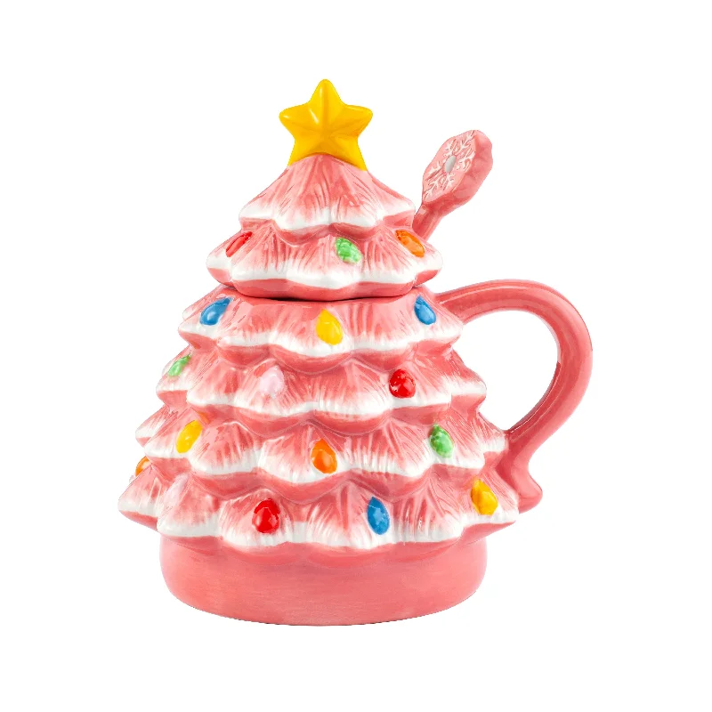 16 oz. Nostalgic Ceramic Tree Lidded Mug with Spoon - Pink