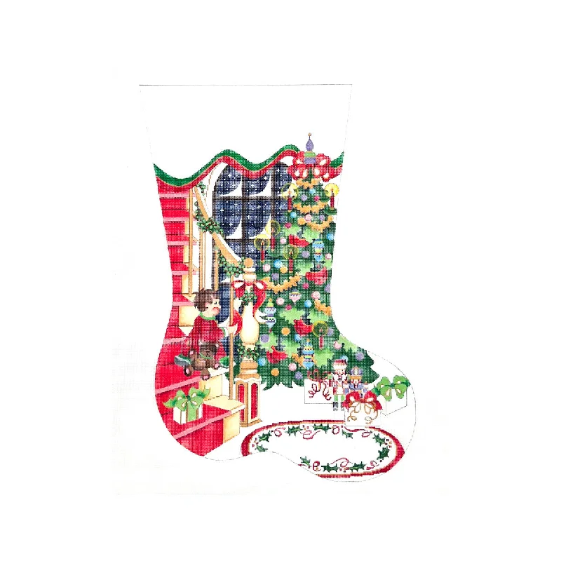 Boy on Stairs with Christmas Tree Midsize Stocking