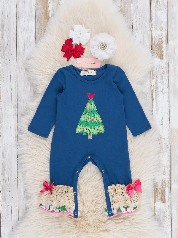 Navy & Pink Christmas Tree Ruffle Romper