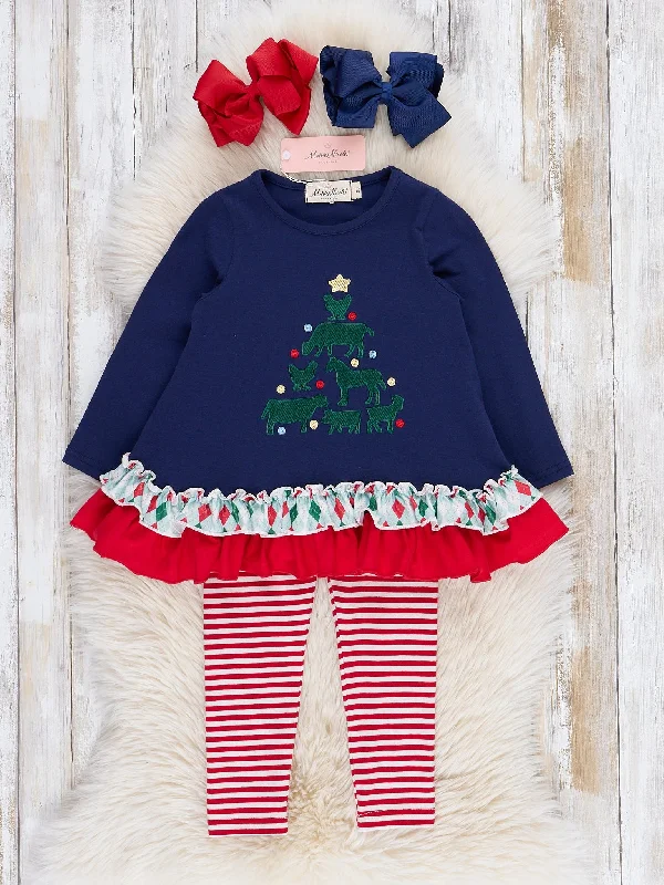 Navy & Red Stripe Embroidered Tree Ruffle Outfit