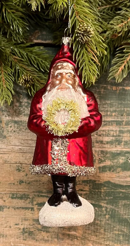 PBK-336 Glass Santa with Wreath Ornament