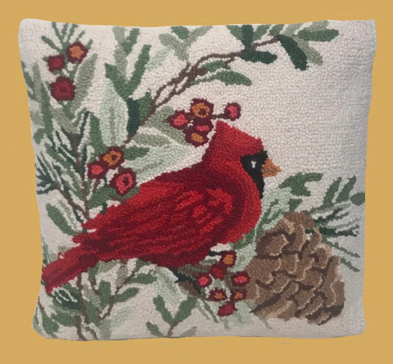 PH-145 Winter Cardinal Wool Hooked Pillow