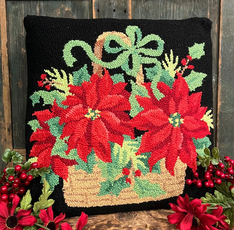 PH-77 Basket of Poinsettias Wool Hooked Pillow