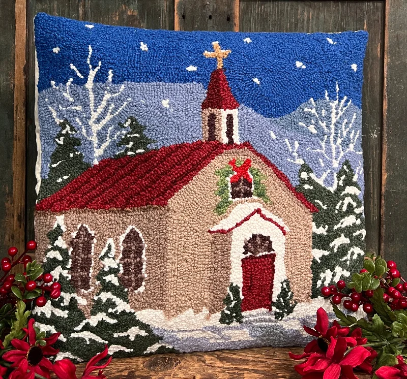 PH-92 Snowy Church Wool Hooked Pillow