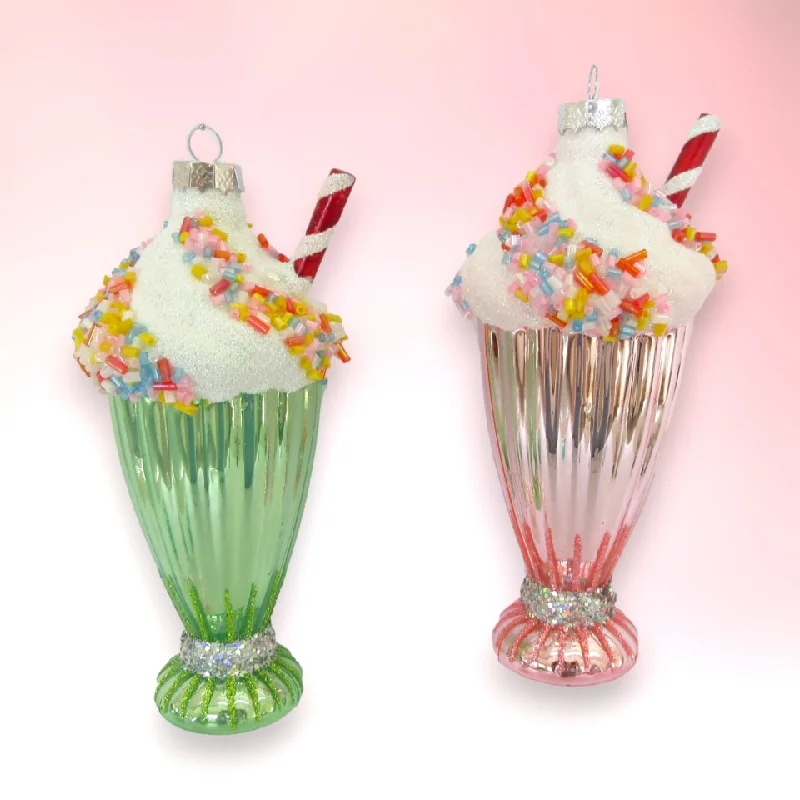 4" Pink & Green Milkshake Ornament Set Of 2