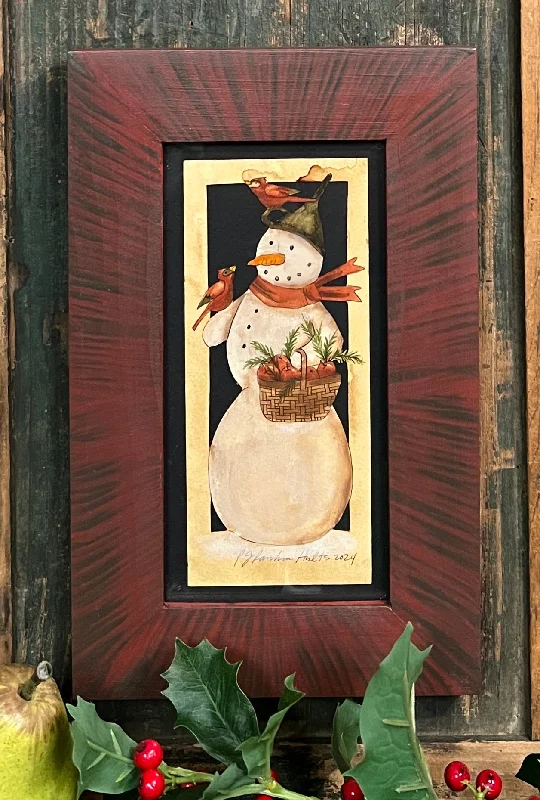 PJH-345 Snowman with Basket & Cardinals Framed Paper Cutting