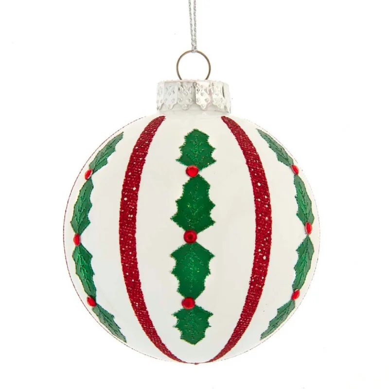 Set of 6 Red, Green and White Holly Leaf Glass Ball Ornaments