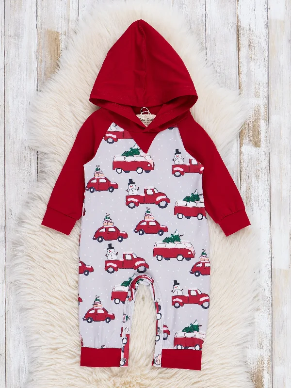 Red & Grey Holiday Tree Cars Raglan Romper