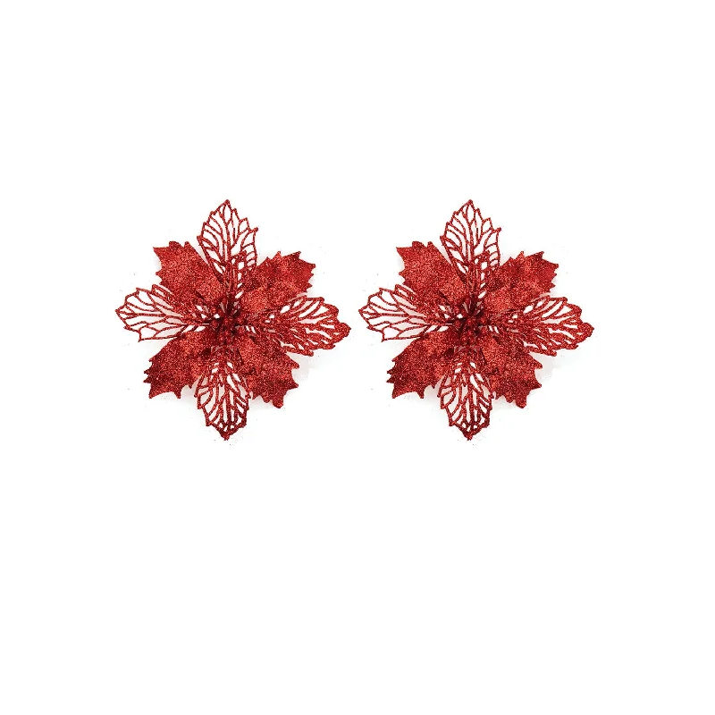 Set of 2 Glitter Poinsettia Flower (Red)