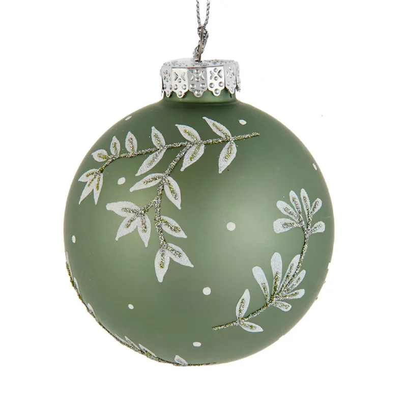 Set of 6 Green Leaf Design Ball Ornaments