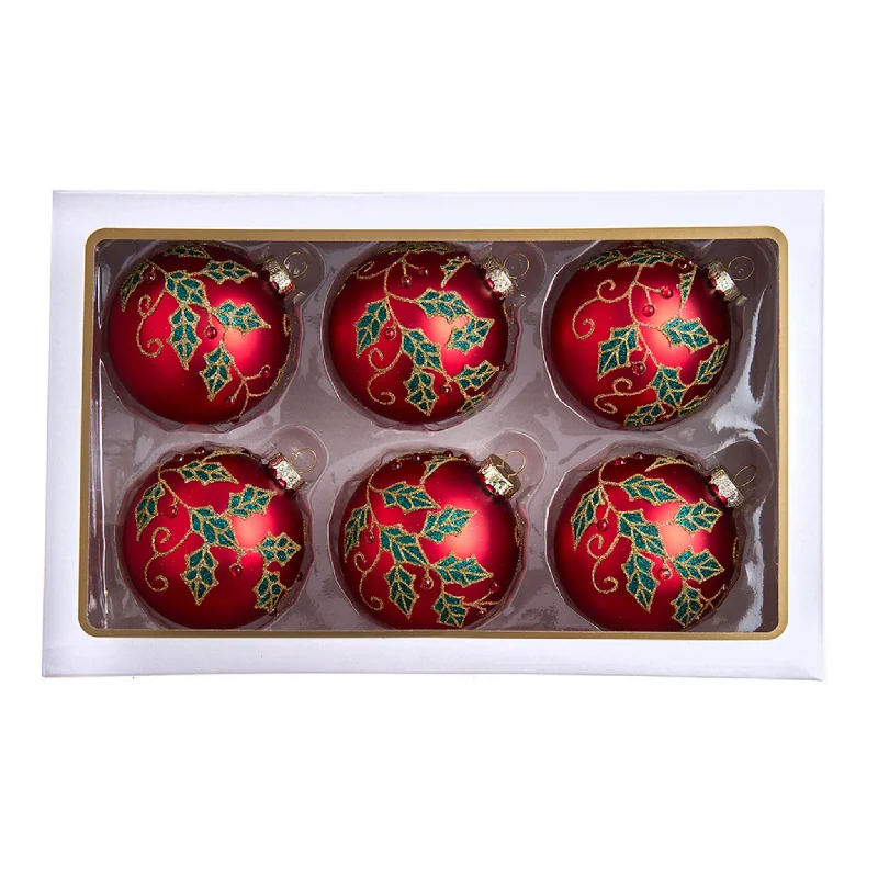 Set of 6 Red Ball With Holly and Berries Ornaments