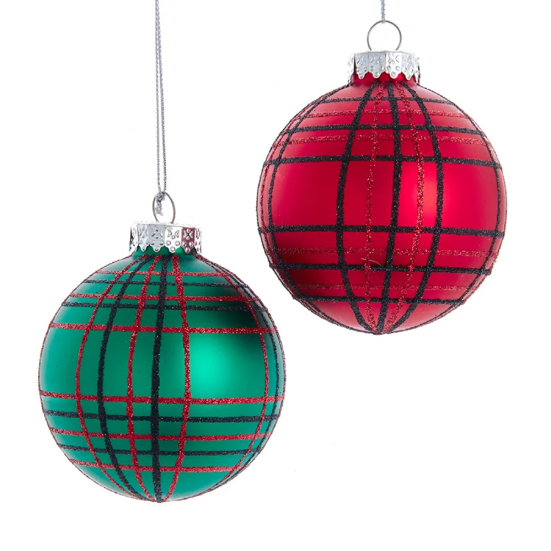 Set of 6 Red & Green Plaid Ball Ornaments