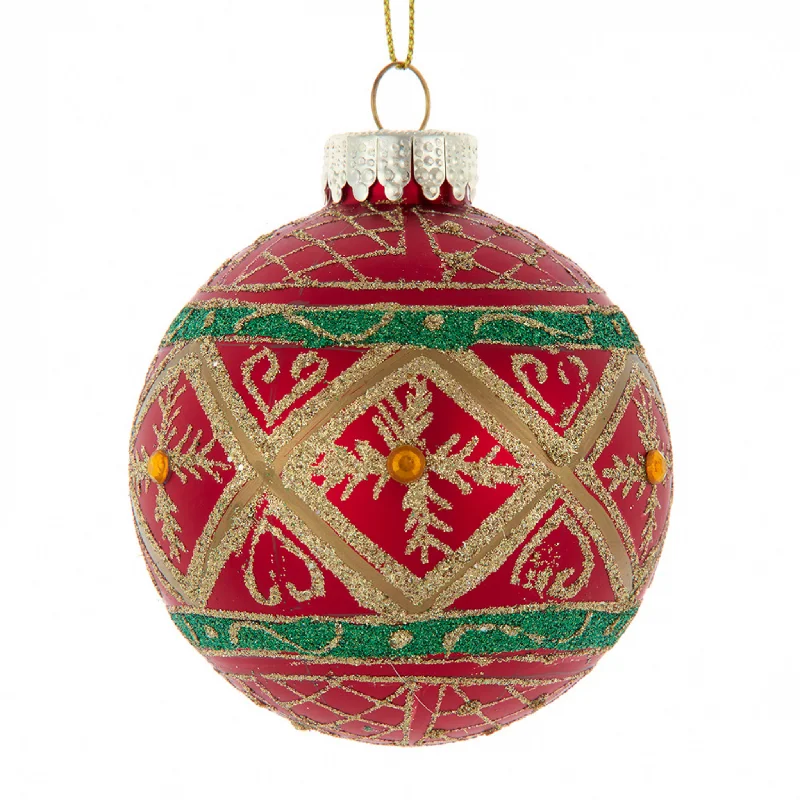 Set of 6 Red With Green & Gold Design Ball Ornaments