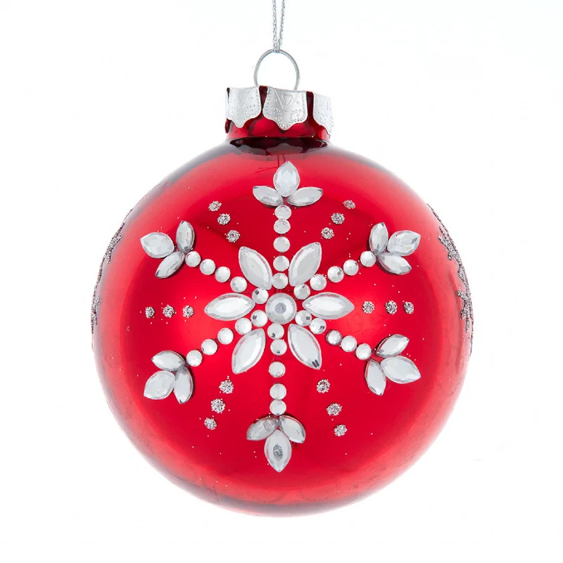 Set of 6 Shiny Red With Silver Snowflake Ball Ornaments